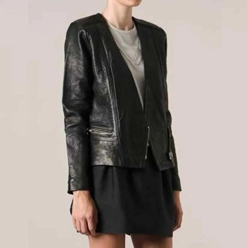 IRO Imaei Asymmetrical Zipper Biker Moto Lamb Leather Jacket Black 36 FR / 4 US